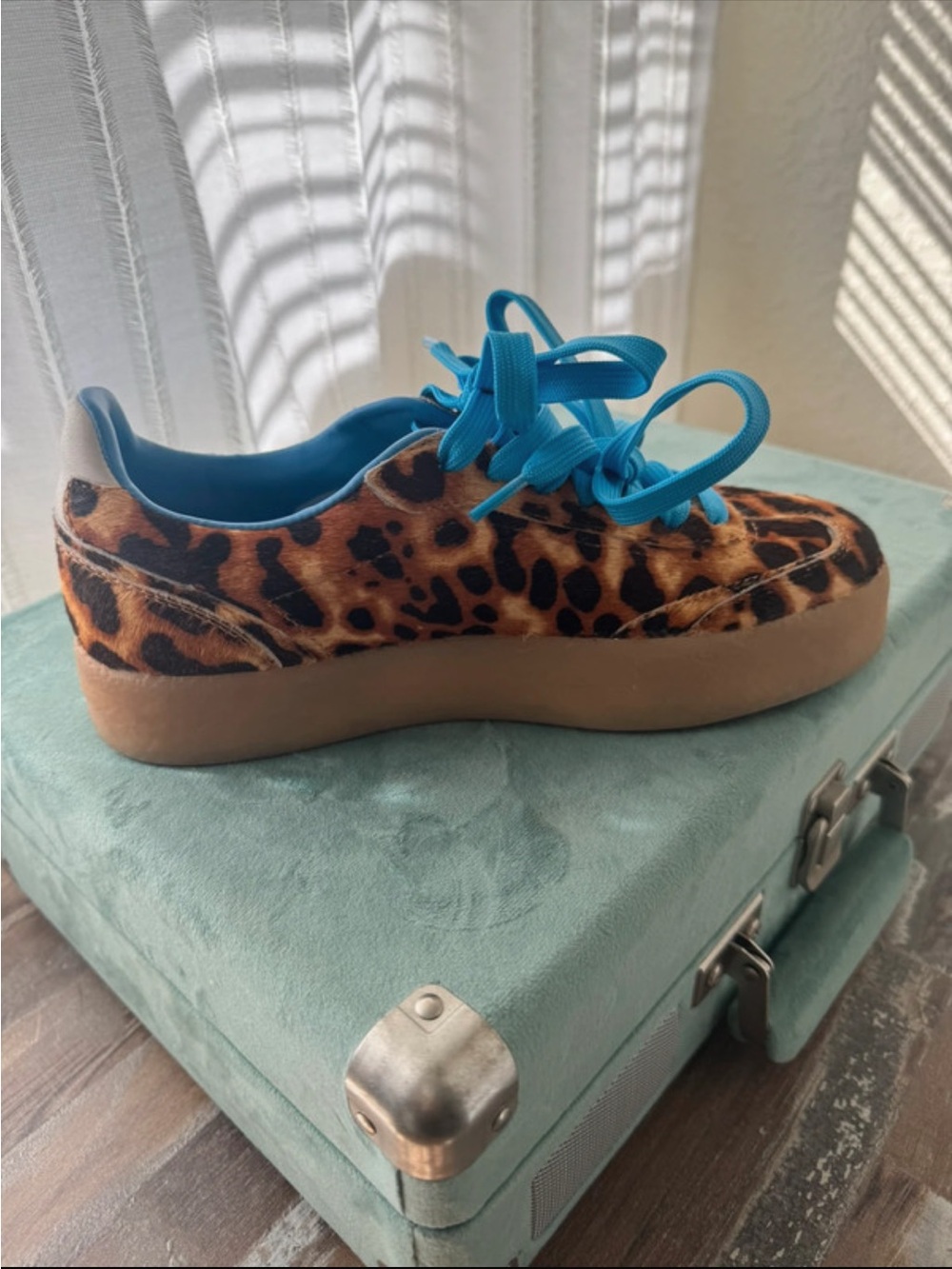 Steve Madden Leopard Print Platform Sneaker with Bright Blue Laces
